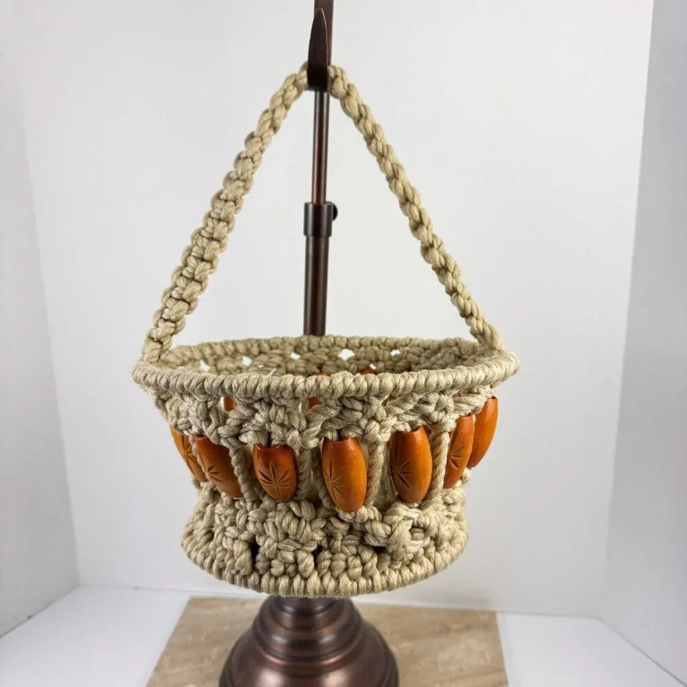 Vintage Macrame Basket Tan Brown Wooden Beads Medium Size